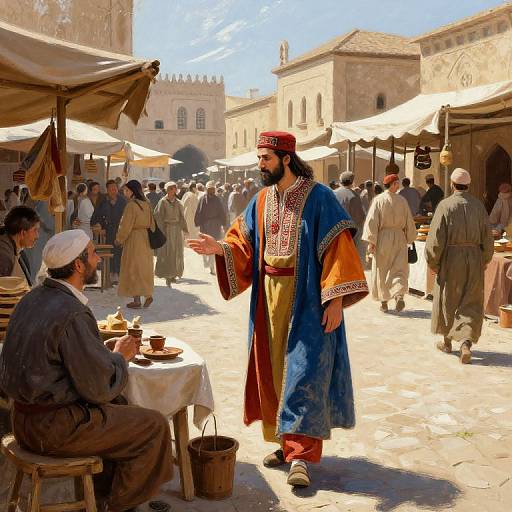 Digital painting of a bustling Middle Eastern market: a bearded man in a blue robe and red headscarf converses with a seated man under a