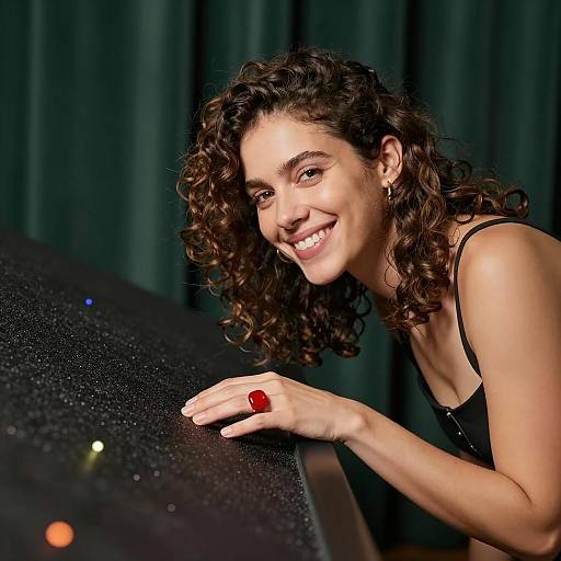 Smiling woman with curly hair touching glittery surface
