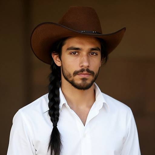Photograph of a young man with olive skin, long black braid, brown cowboy hat, and white shirt, standing against a dark background.