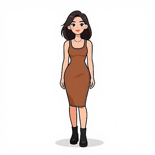 Digital illustration of a smiling young woman with black hair, wearing a brown sleeveless dress and black ankle boots, standing against a white background.