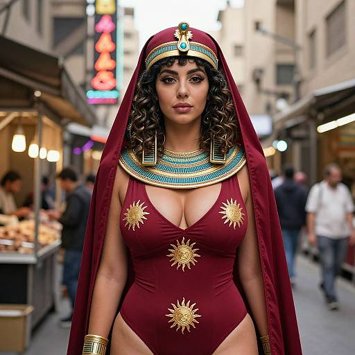 Photograph-style digital art of a curvy woman with dark curly hair, wearing a maroon Egyptian-inspired outfit, gold sun symbols, and a blue
