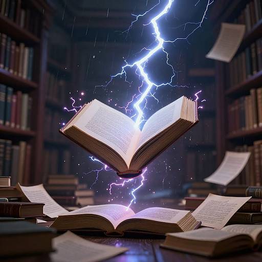 Photograph of an open book emitting vibrant purple lightning, surrounded by floating papers, in a dimly lit, book-filled library.