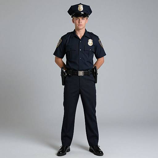 Photograph of a young, white male police officer standing against a plain grey background, wearing a dark blue uniform with badge, hat, and utility belt