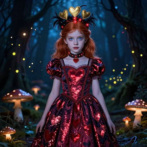 Digital art of a pale, red-haired girl in a glowing red heart-patterned, black lace dress, wearing a heart crown, in a dark,