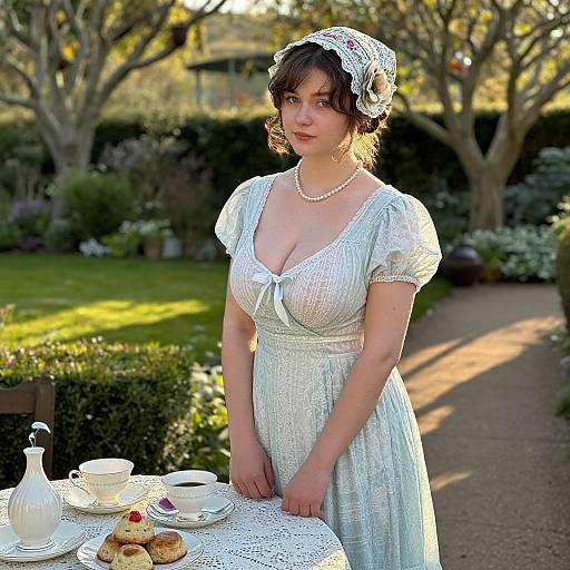 Photograph of a fair-skinned woman with brown hair, wearing a white Victorian dress and lace headpiece, standing in a sunlit garden, serving