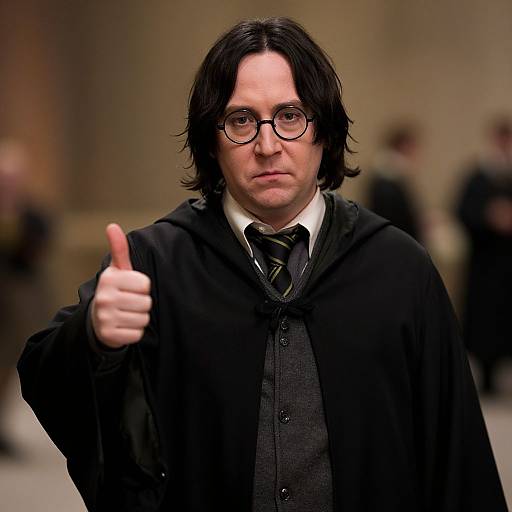 Photograph of a middle-aged man with black hair, glasses, and dark clothing, giving a thumbs-up, dressed in 19th-century style attire