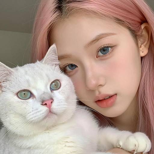 Close-up of Woman with Pink Hair and White Cat
