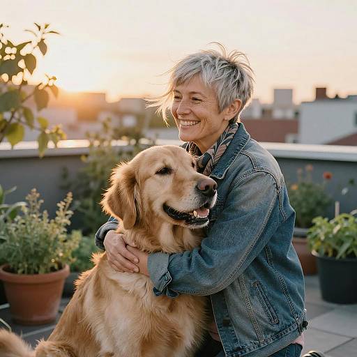 Joyful Woman and Golden Retriever at Sunset
