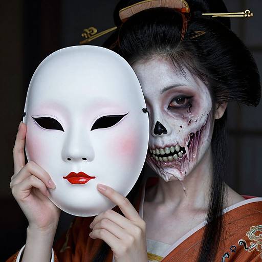 Photograph of a woman with white face paint and dark makeup, holding a white Noh mask with red lips, wearing traditional Japanese attire. Her face