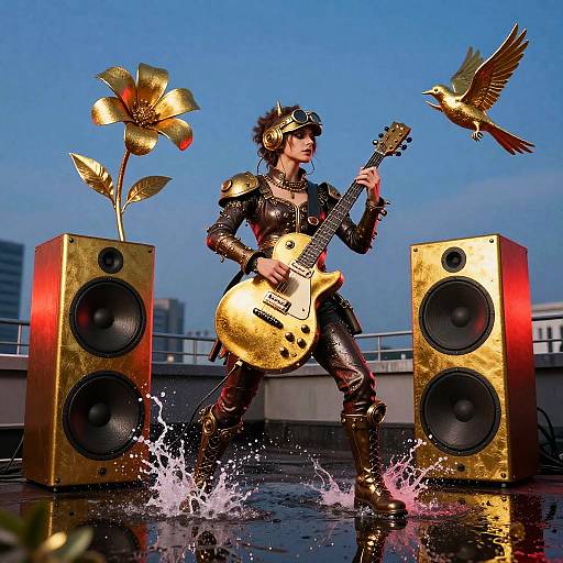 Rock musician in metallic armor plays golden electric guitar, splashing water, with gold speakers, flower, and bird on rooftop.