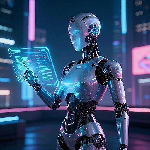 Photorealistic CGI of a futuristic female robot with glowing blue holographic screen, standing in a neon-lit cityscape, interacting with data.
