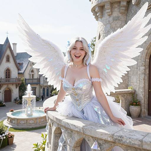 Photograph of a smiling blonde woman with white angel wings and a sparkling white dress, sitting on a stone balcony, in front of a medieval-style mansion