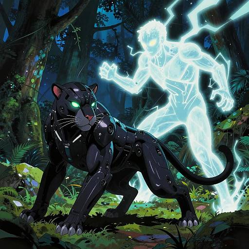 Digital artwork of a glowing, black panther with electric blue eyes and neon blue lightning aura, standing in a dark, enchanted forest.