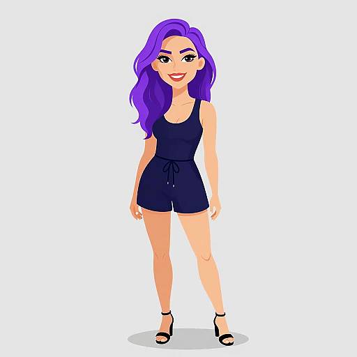 Digital illustration of a smiling woman with long purple hair, wearing a navy sleeveless romper and black high-heeled sandals, standing against a white background