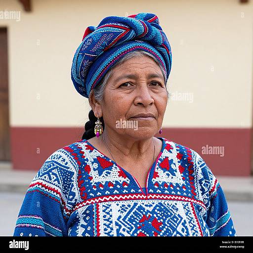 Photograph of an elderly Indigenous woman with wrinkled skin, wearing a blue, red, and white patterned dress and headscarf, standing against