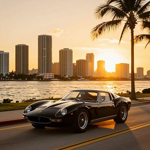 Photograph of a sleek black vintage sports car driving along a coastal road at sunset, with tall buildings and a palm tree in the background. Warm,