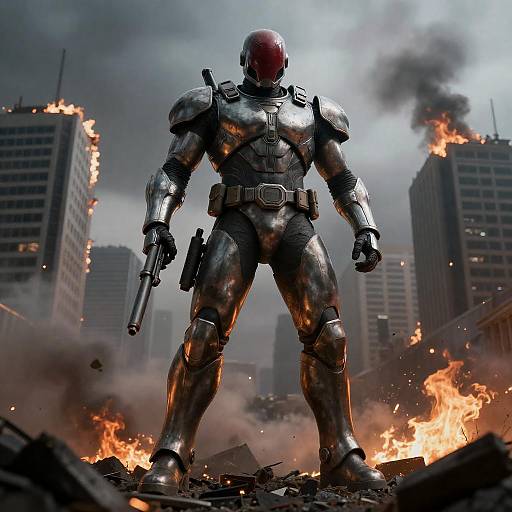 Heroic Warrior in a Dystopian Cityscape