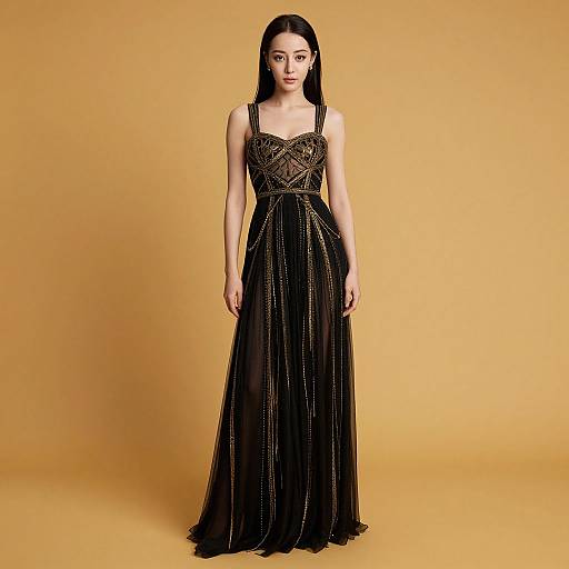 Photograph of an Asian woman with long black hair, wearing a black, sleeveless, floor-length gown with intricate lace and beadwork, standing against