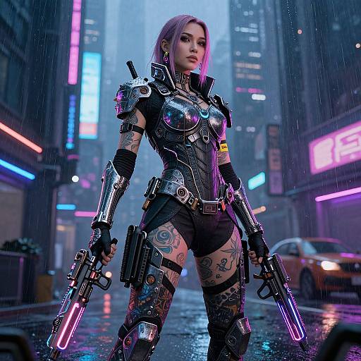 Digital art of a tattooed, purple-haired woman in neon-lit, cyberpunk city, wearing futuristic armor, holding glowing guns, standing in rainy
