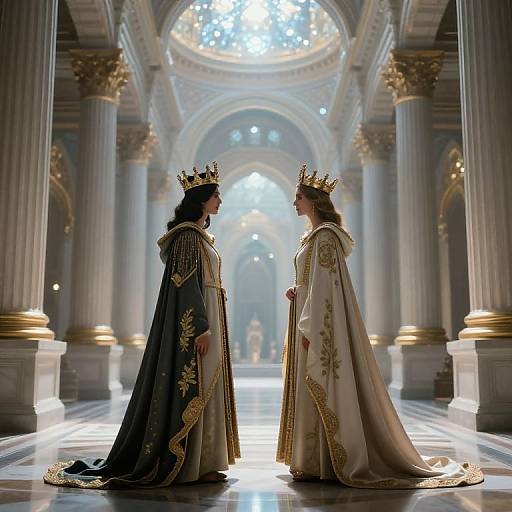 Photograph of two regal women in ornate, gold-embroidered robes and crowns, standing in a grand, illuminated, neoc