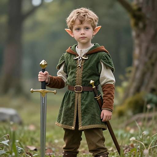 Photograph of a young boy with elf-like ears, wearing medieval green tunic, holding a sword, standing in a forest.
