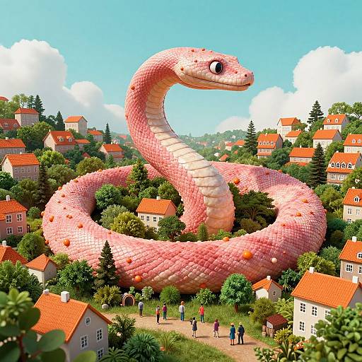 Digital art: Giant pink pixelated snake coils through a quaint village with red-roofed houses, green trees, and small townspeople below. Bright