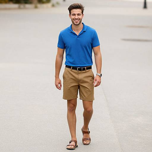 Photograph of a smiling, young, Caucasian man with short brown hair, blue polo shirt, tan shorts, brown belt, and sandals, walking on