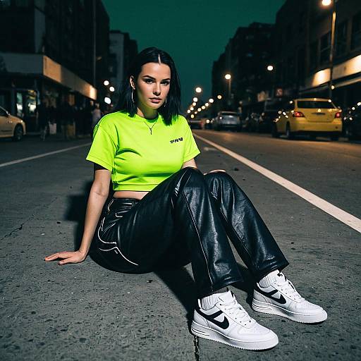 Woman in Neon Green Top and Leather Pants Sitting on Street at Night