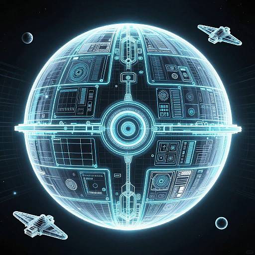 Digital CGI of a glowing, neon-blue, circuit-board-like planet with four spacecraft orbiting, set against a dark, star-filled space background.