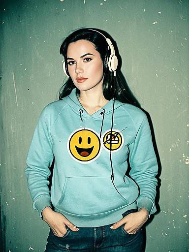Woman Wearing Emoji Hoodie and Headphones