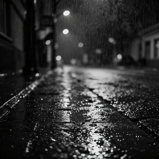 Black-and-white photograph of a rainy, illuminated street at night, with wet, reflective pavement and blurred streetlights in the background.