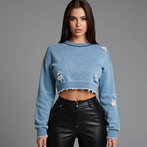 Photograph of a young woman with straight black hair, wearing a light blue, ripped, long-sleeve sweater and black leather pants, standing against