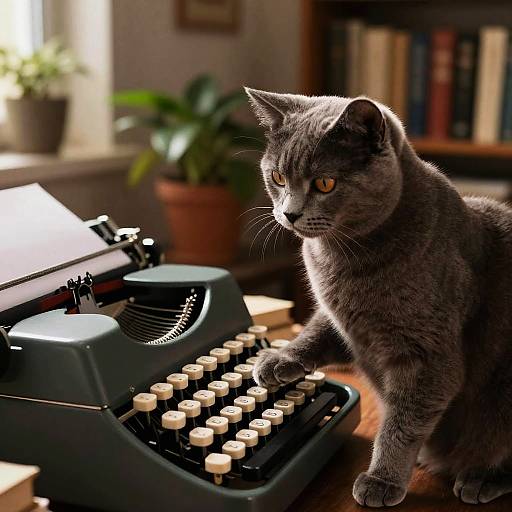 Photograph of a gray British Shorthair cat with amber eyes, standing on an old black typewriter with white keys, in a warmly lit,