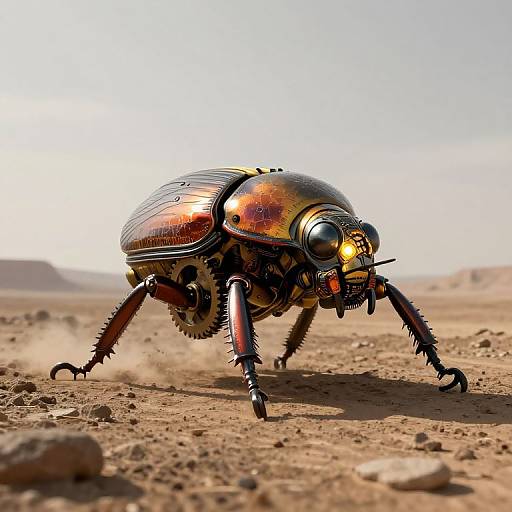 Photorealistic CGI of a metallic, futuristic beetle with glowing eyes and sharp legs, standing in a desert with a hazy sky.