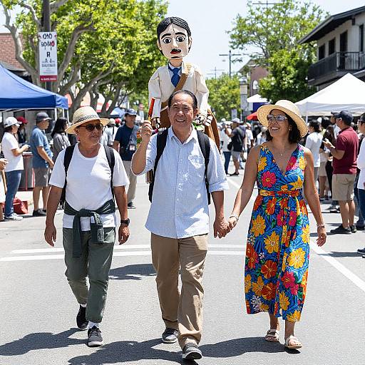 Photograph of three diverse adults walking in a sunny outdoor festival; one man carries a puppet on his back, another wears a white shirt and khakis