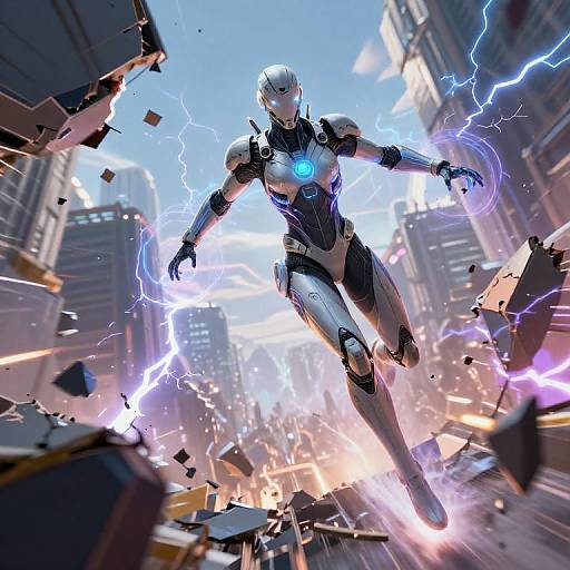 CGI image of a futuristic, white and black robotic woman with glowing blue chest light, floating amidst a cityscape in ruins, surrounded by lightning bolts
