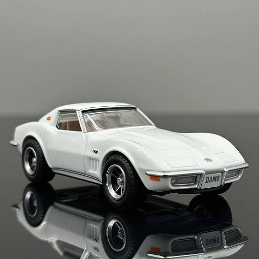 Photograph of a white, vintage Porsche 911 model car with a shiny black reflective surface, showcasing sleek curves and a 