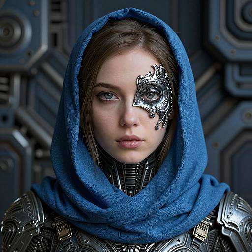 Photorealistic CGI of a pale-skinned woman with blue eyes, wearing a blue hood and intricate black mask, in metallic armor.