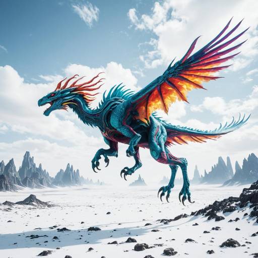 Futuristic Blue Dragon with Fiery Wings in Alien Snowy Landscape