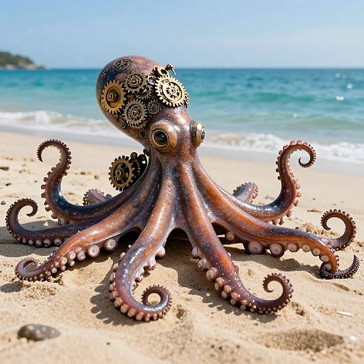 Photograph of a detailed, steampunk-style octopus with gears on its head, standing on a sandy beach with a blue ocean and clear sky