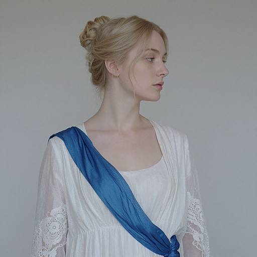Photograph of a young blonde woman with fair skin, wearing a white lace dress and a blue sash, in profile against a plain gray background.