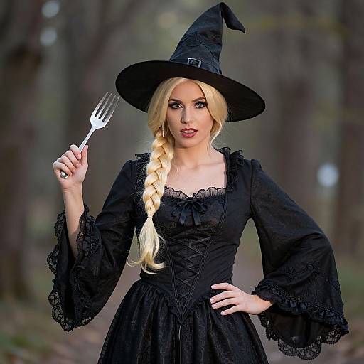 Photograph of a blonde woman in a black witch costume with long braid, holding a fork, in a forest background.