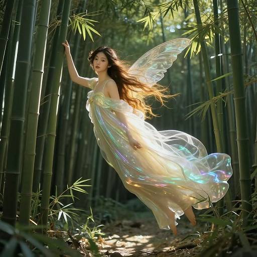 Photograph of an ethereal Asian woman with flowing brown hair and translucent, iridescent wings, dancing in a sunlit bamboo forest.