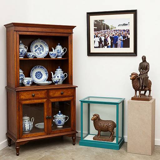 Photograph of a wooden china cabinet with blue and white porcelain, turquoise display case with sheep sculpture, and framed black-and-white photo on white wall.