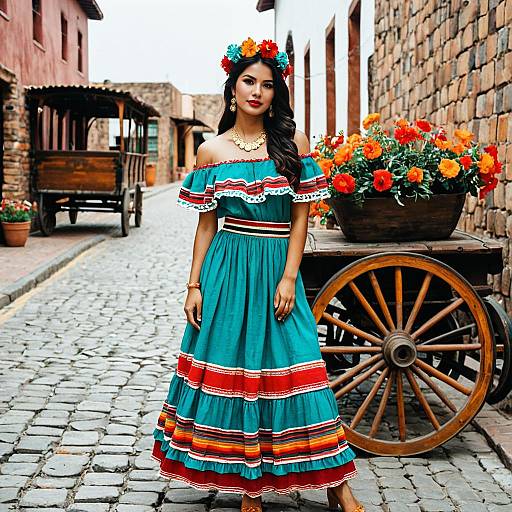 Woman in Traditional Mexican Dress on Cobblestone Street