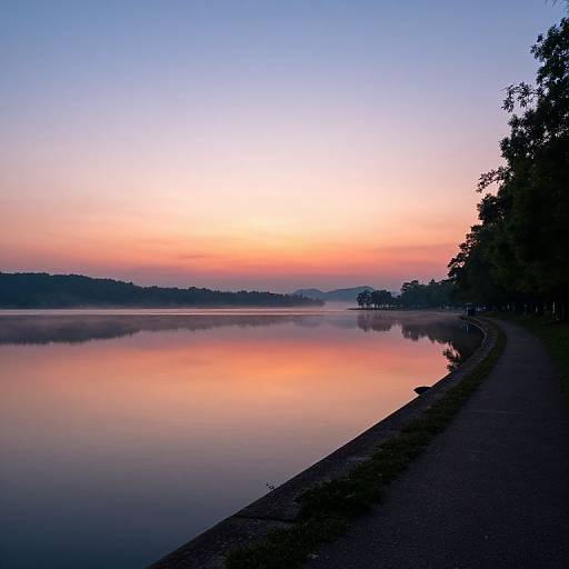 Photograph of a serene river at sunset, with a gradient sky from orange to blue, reflecting on calm waters, bordered by a dark, tree-lined