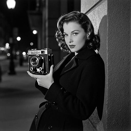 Black-and-white photograph of 1940s-style woman with wavy hair, holding vintage Diana camera, leaning against building at night.