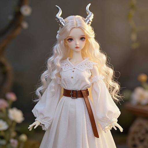 Photograph of a porcelain doll with long, wavy white hair, silver horns, and a white lace dress, belted with brown. Blurred