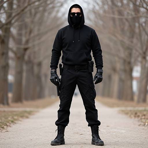 Photograph of a mysterious, hooded figure in black hoodie, pants, gloves, and boots, standing on a tree-lined, empty path. W