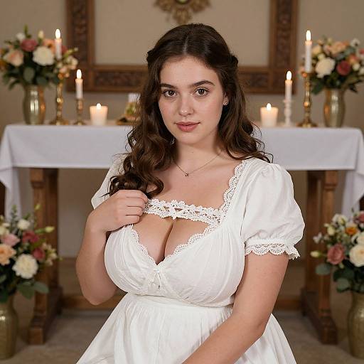 Photograph of a fair-skinned woman with long, wavy brown hair, wearing a white lace-trimmed dress, standing in a candlelit